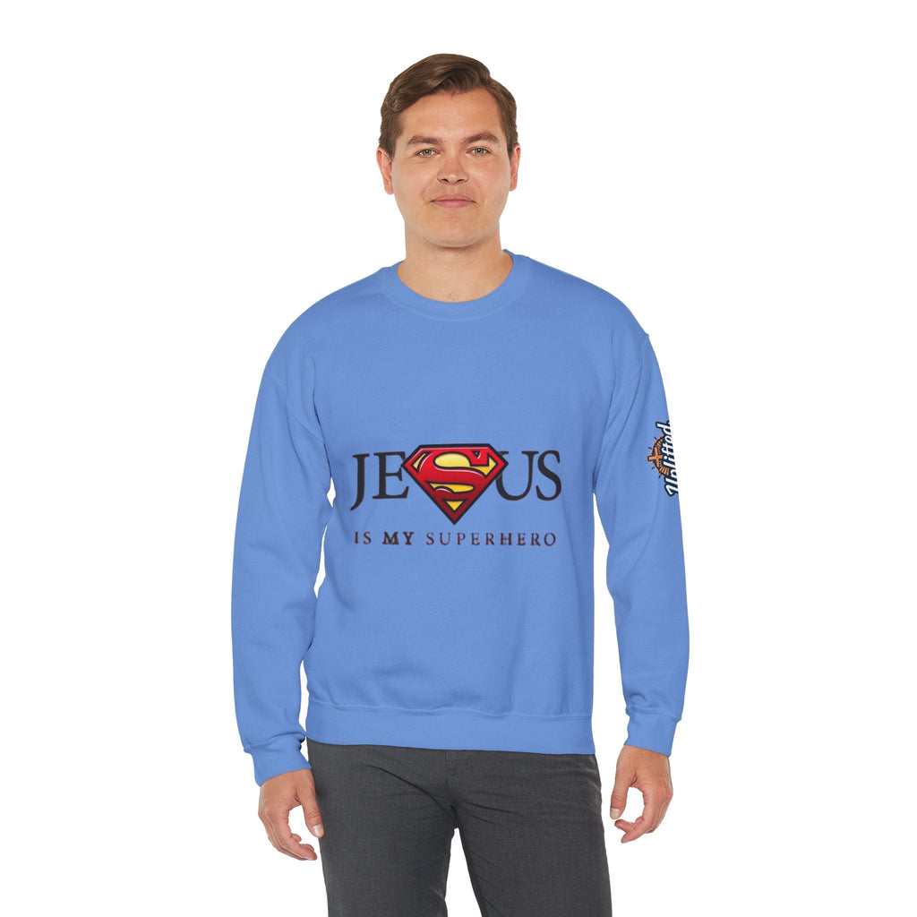 Jesus Is My Superhero Crewneck Sweatshirt Printify