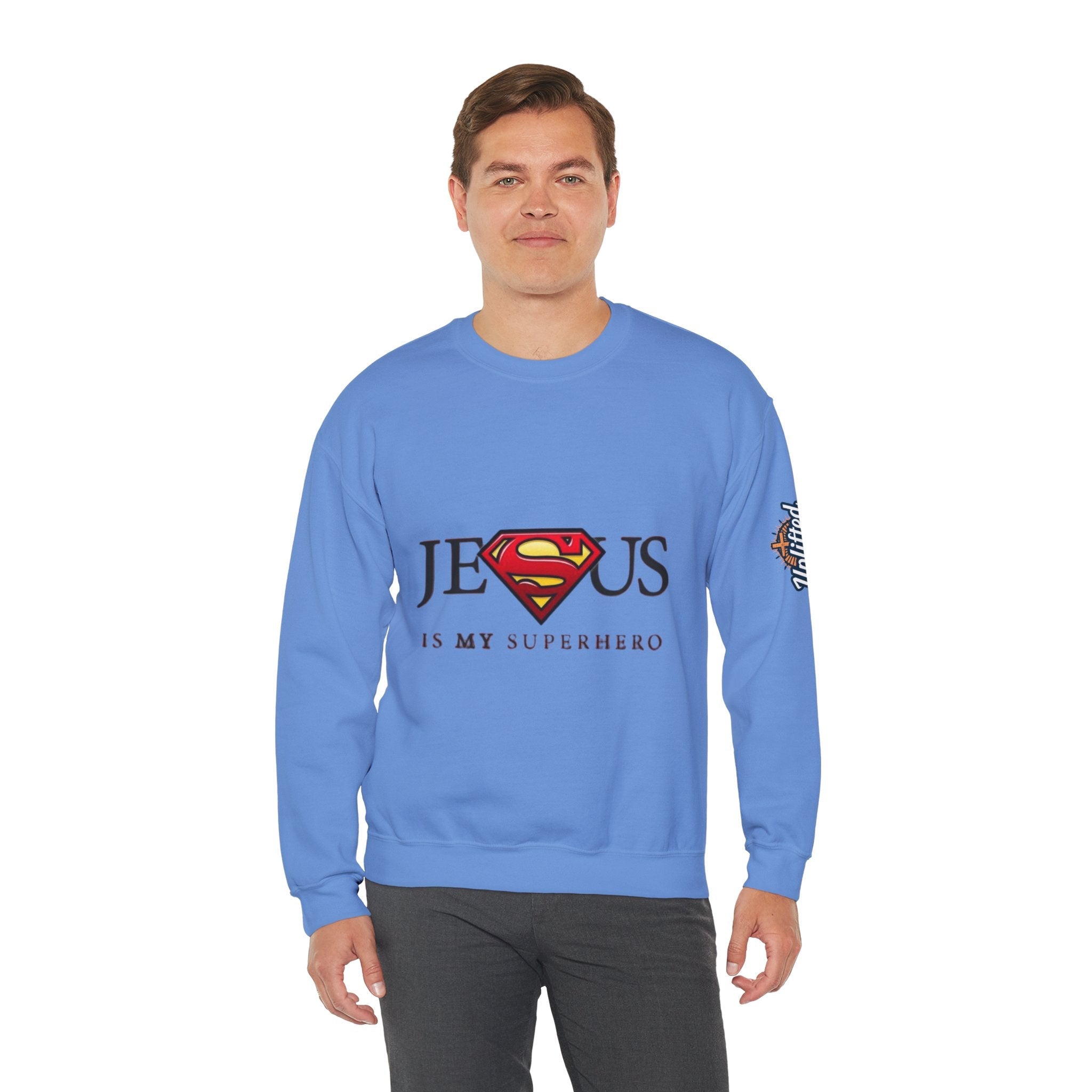 Jesus Is My Superhero Crewneck Sweatshirt Printify