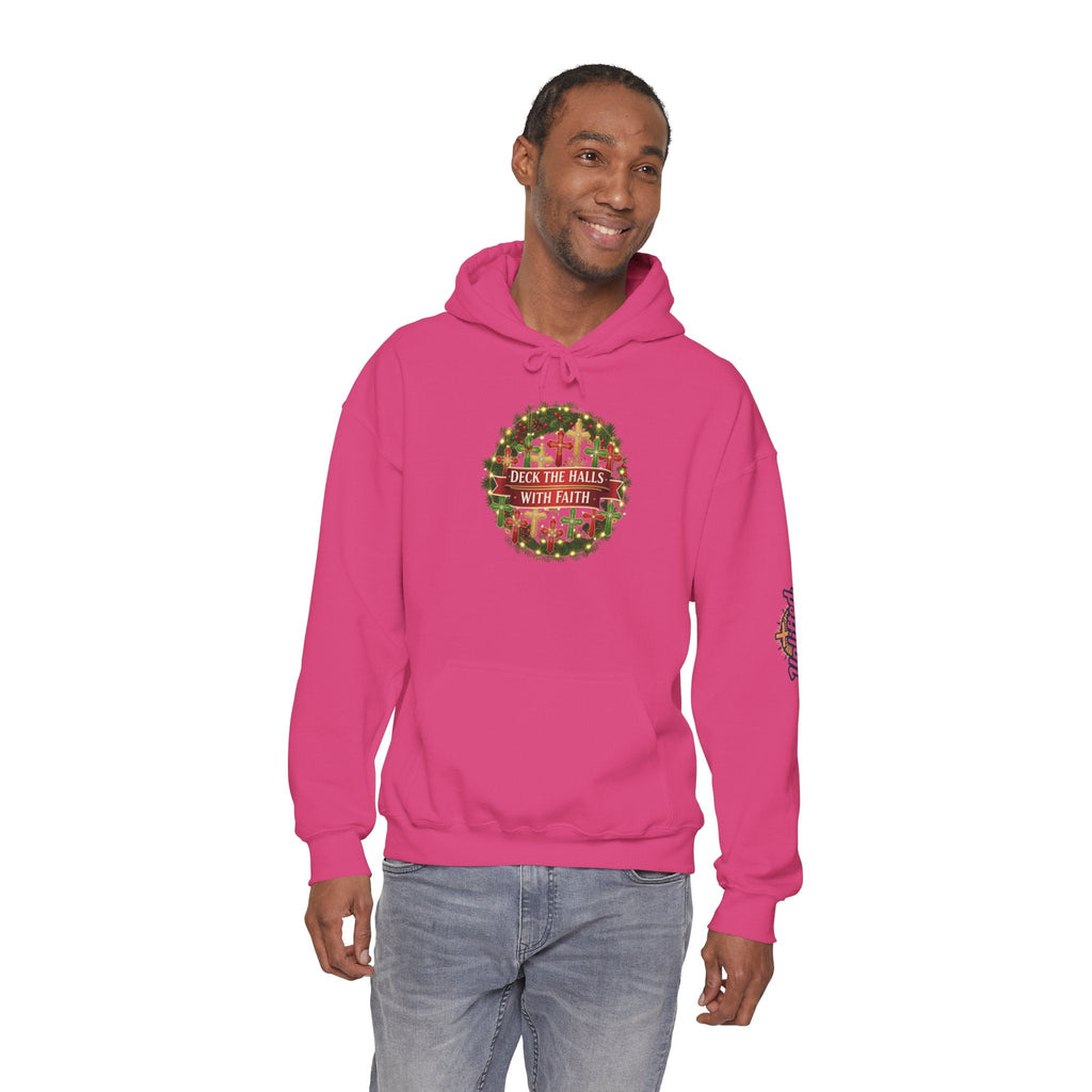 🎄 Deck the Halls with Faith – Christian Christmas Hoodie | Cross Ornament Design & Festive Garland | Bold Holiday Faith Tee by Uplifted Gear Printify