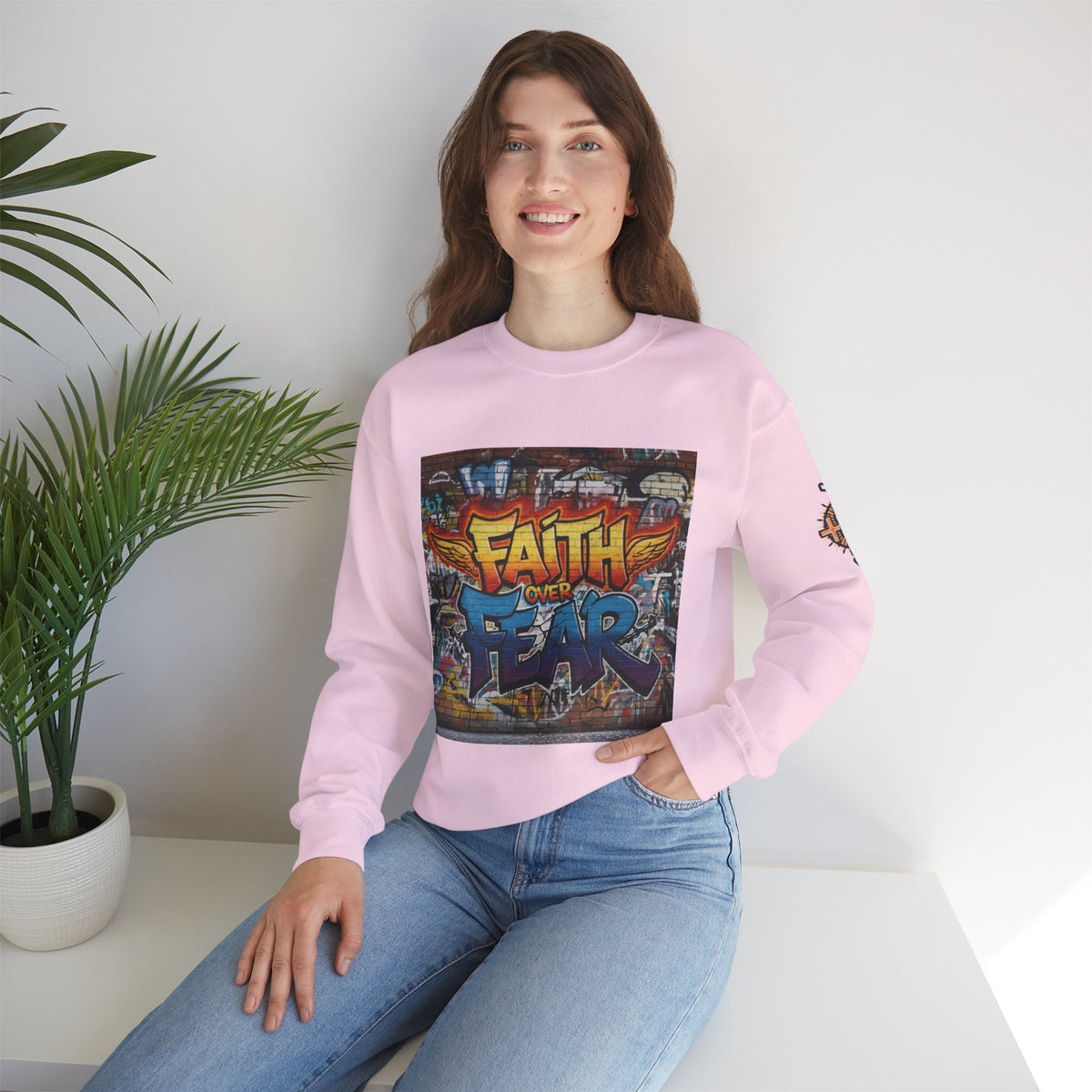 Faith Over Fear Sweatshirt – Graffiti Wall Christian Sweatshirt for Bold 2 Corinthians 5:7 Streetwear & Unshakable Faith Printify