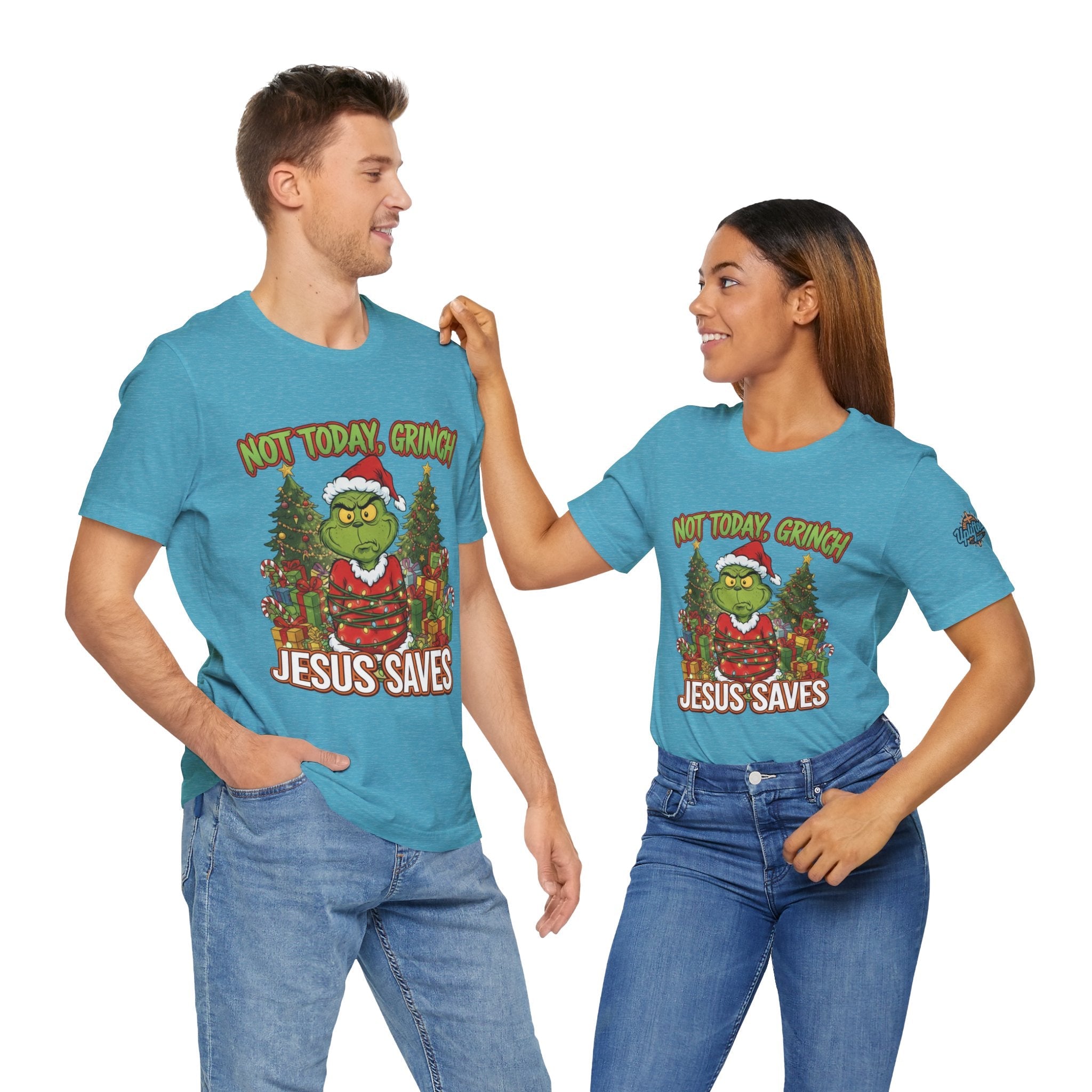 🎄 Not Today, Grinch – Jesus Saves | Funny Christian Christmas T-Shirt | Sulking Grinch & Glowing Cross | Bold Neon Faith Tee by Uplifted Gear Printify
