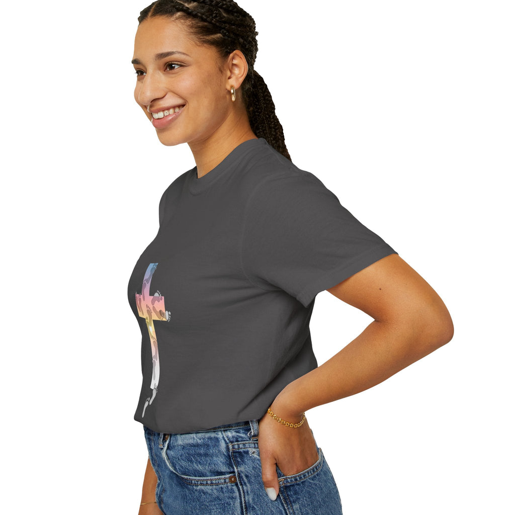 Walk by Faith T-Shirt – Cross & Footprints Christian Tee for Bold Believers Printify
