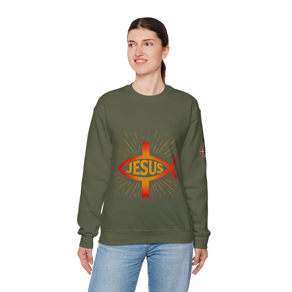 Jesus Ichthys Sweatshirt – Christian Fish Symbol with Cross & Jesus Inscription Sweatshirt for Eternal Faith & Streetwear Printify