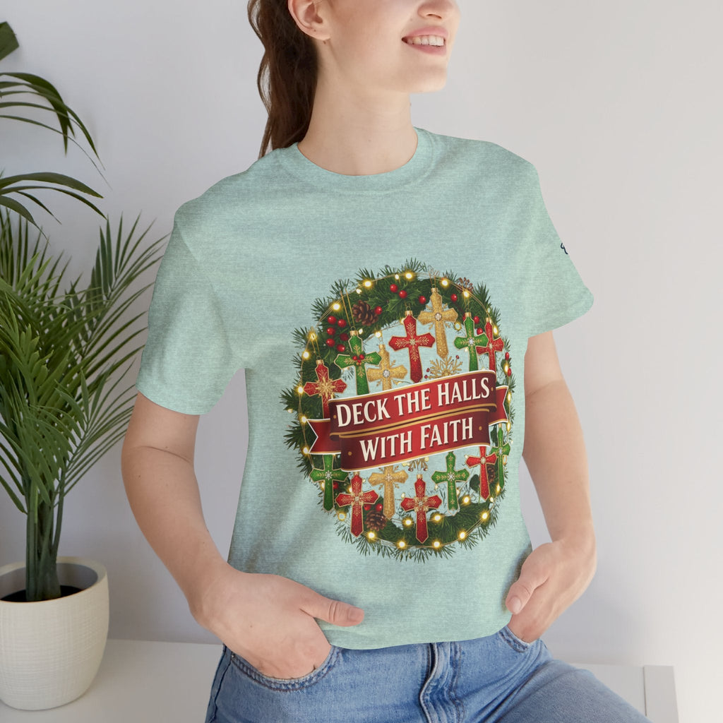 🎄 Deck the Halls with Faith – Christian Christmas T-Shirt | Cross Ornament Design & Festive Garland | Bold Holiday Faith Tee by Uplifted Gear Printify