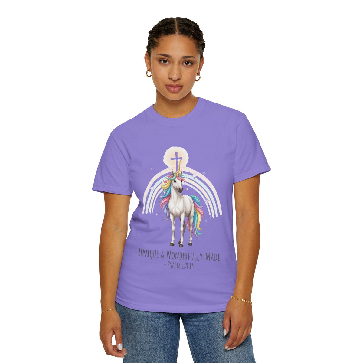 Unique Unicorn Christian T-Shirt – Wonderfully Made with Rainbow Cross & Psalm 139:14 Printify