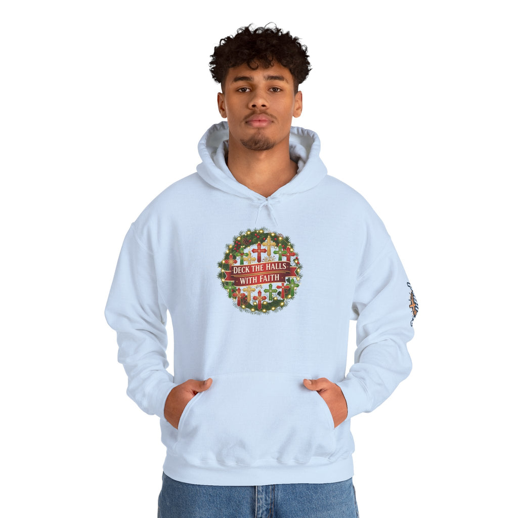 🎄 Deck the Halls with Faith – Christian Christmas Hoodie | Cross Ornament Design & Festive Garland | Bold Holiday Faith Tee by Uplifted Gear Printify