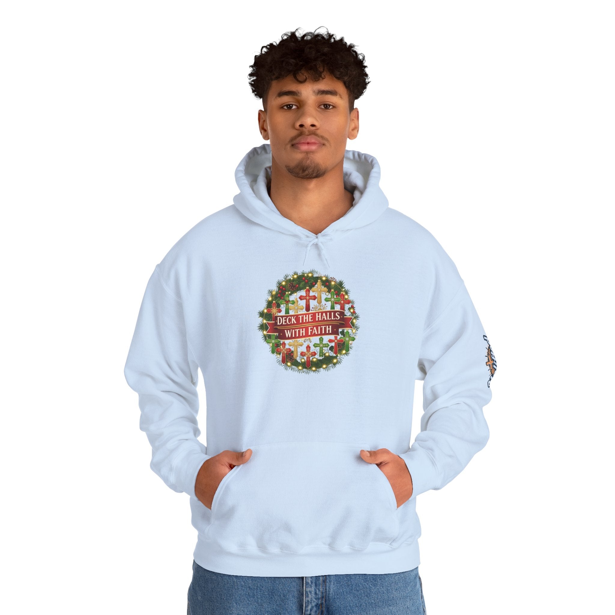 🎄 Deck the Halls with Faith – Christian Christmas Hoodie | Cross Ornament Design & Festive Garland | Bold Holiday Faith Tee by Uplifted Gear Printify