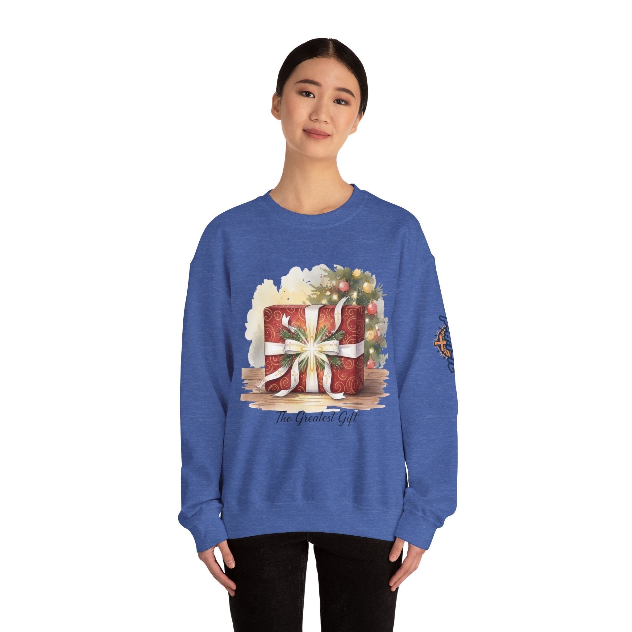The Greatest Gift Sweatshirt – Cross Bow Present Christian Sweatshirt for Christmas Salvation & Eternal Faith Printify