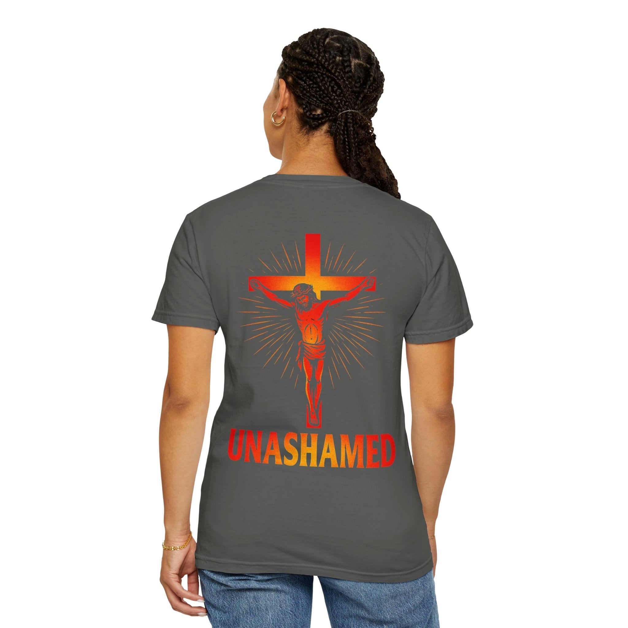 Unashamed T-shirt – Romans 1:16 Crucifixion Christian t-shirt for Bold Unwavering Faith Red Printify