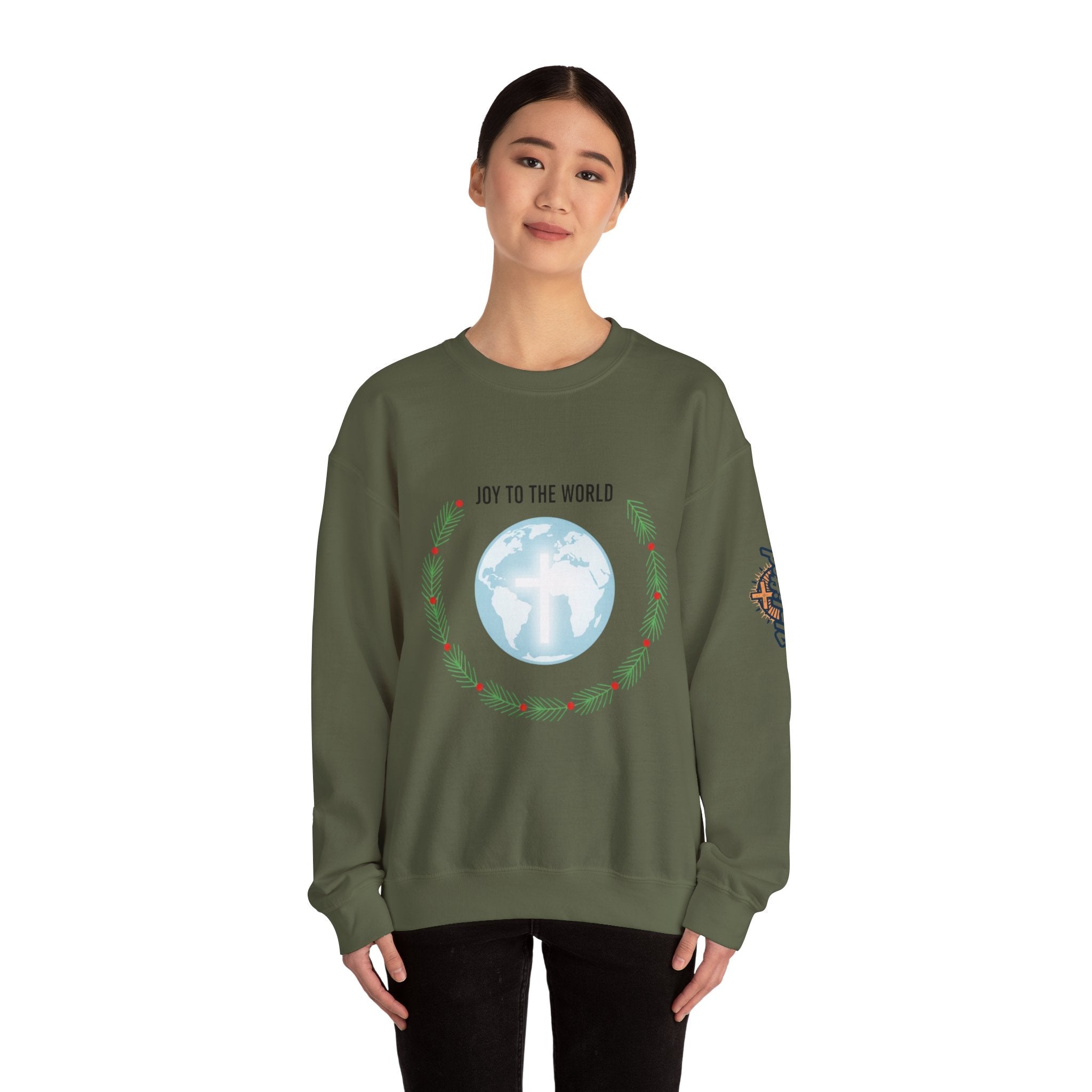 Joy to the World Sweatshirt – Wreath Earth Nativity Christian Christmas Sweatshirt for Isaiah 9:6 Holiday Faith & Festive Joy Printify