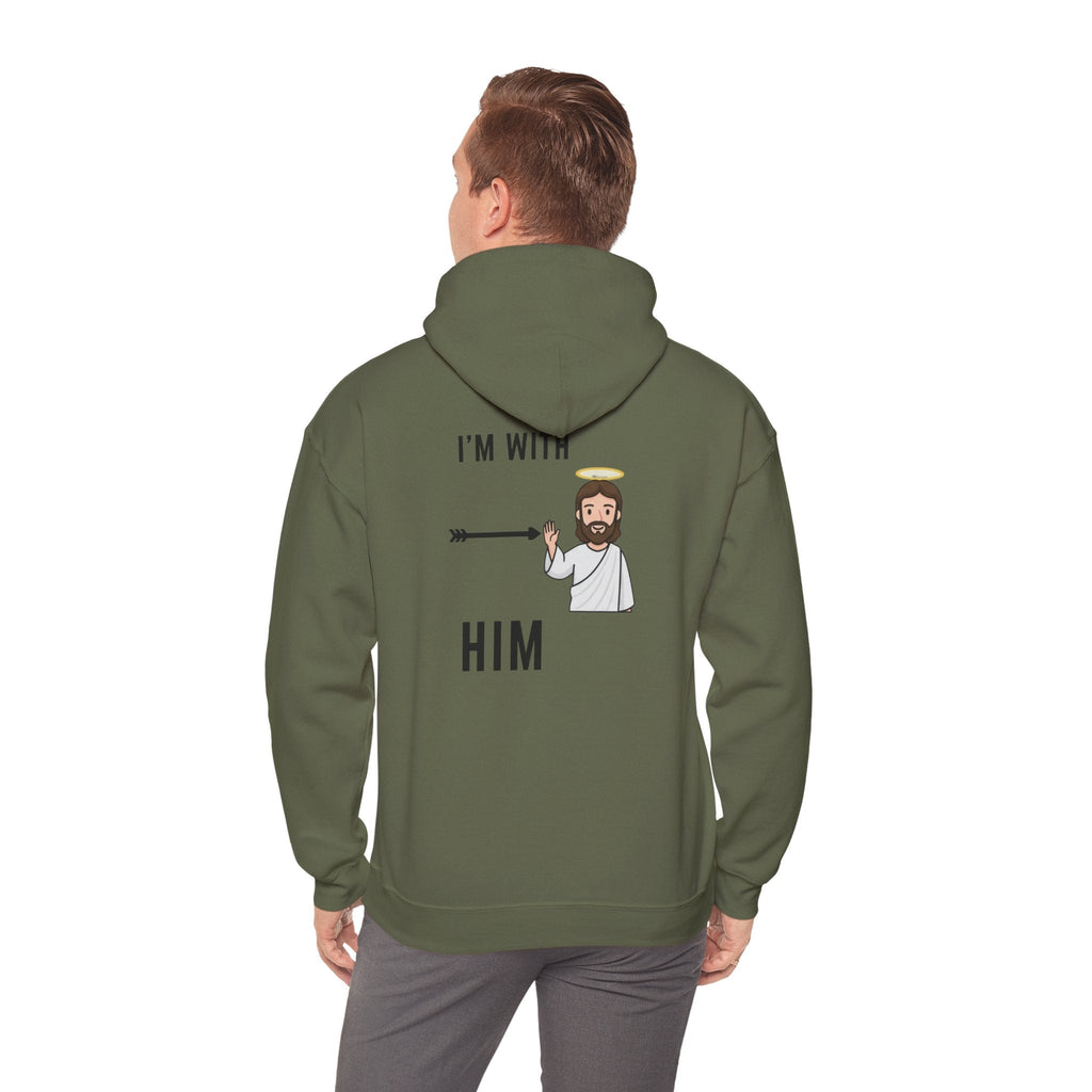 🔥 I’m With Him → Christian Hoodie | Arrow Pointing to Jesus | Minimalist Faith Tee | Subtle Cross Design | Bible-Inspired Apparel by Uplifted Gear Printify