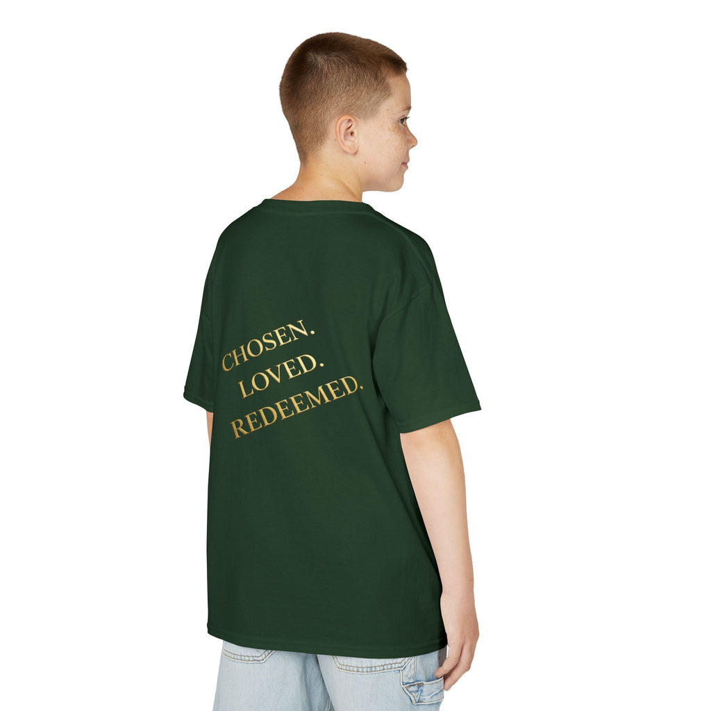 ✨ Chosen. Loved. Redeemed. – Elegant Christian Kids T-Shirt | Gold Foil Faith Tee | Subtle Cross & Heart Design | Inspirational Bible Verse Apparel by Uplifted Gear Printify