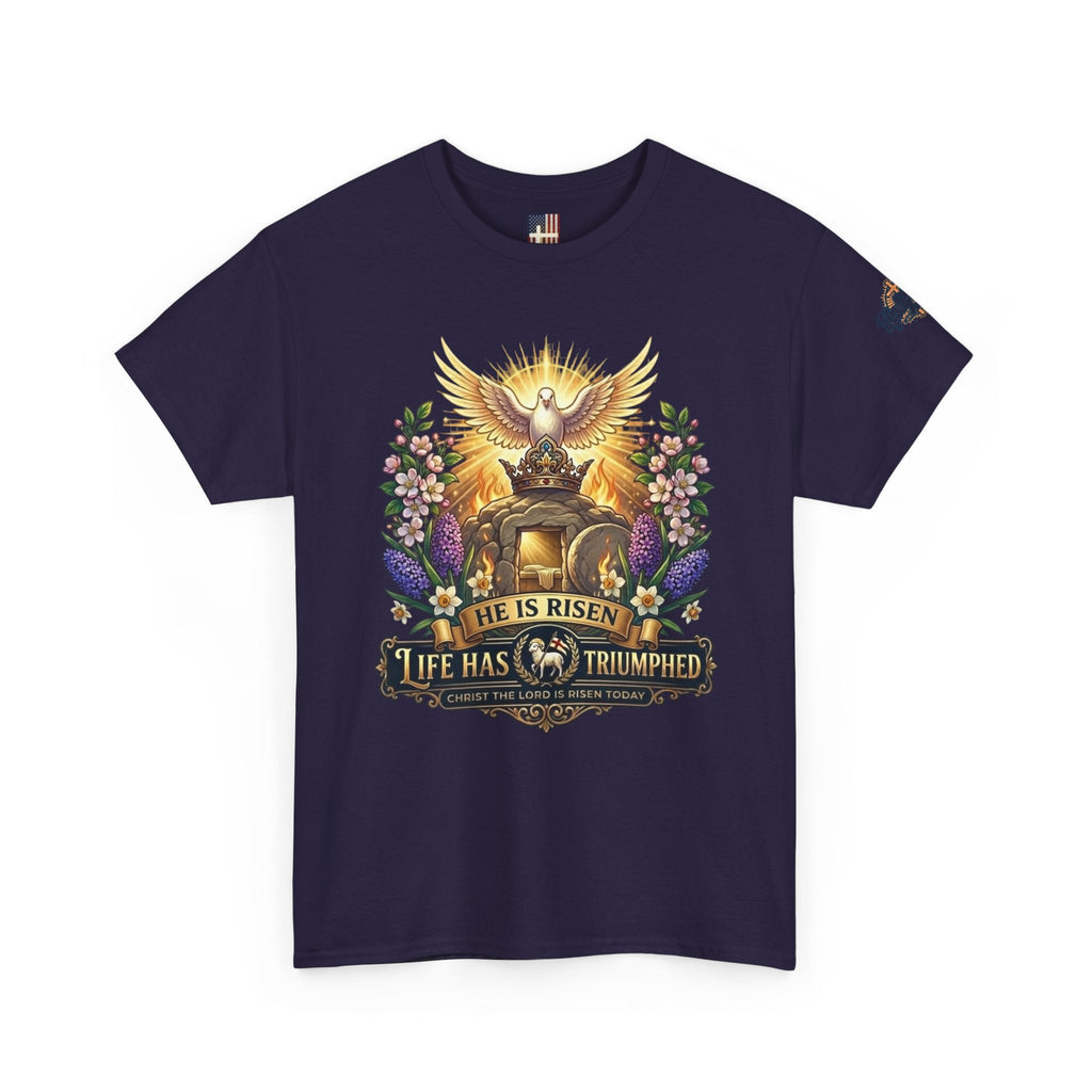 He Is Risen "Life Has Triumphed" T-Shirt — Easter Resurrection Christian Tee Printify