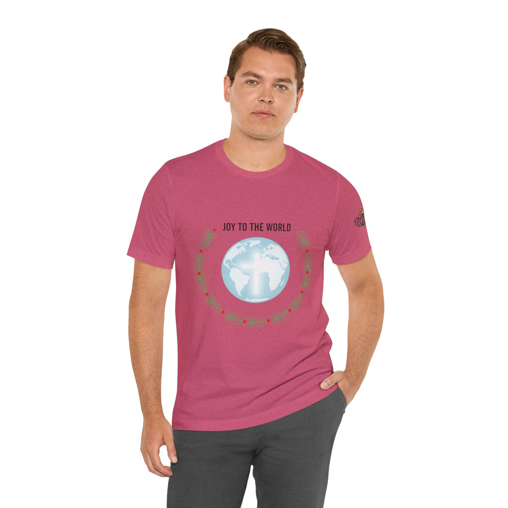 Joy to the World T-shirt – Wreath Earth Nativity Christian Christmas T-shirt for Isaiah 9:6 Holiday Faith & Festive Joy Printify