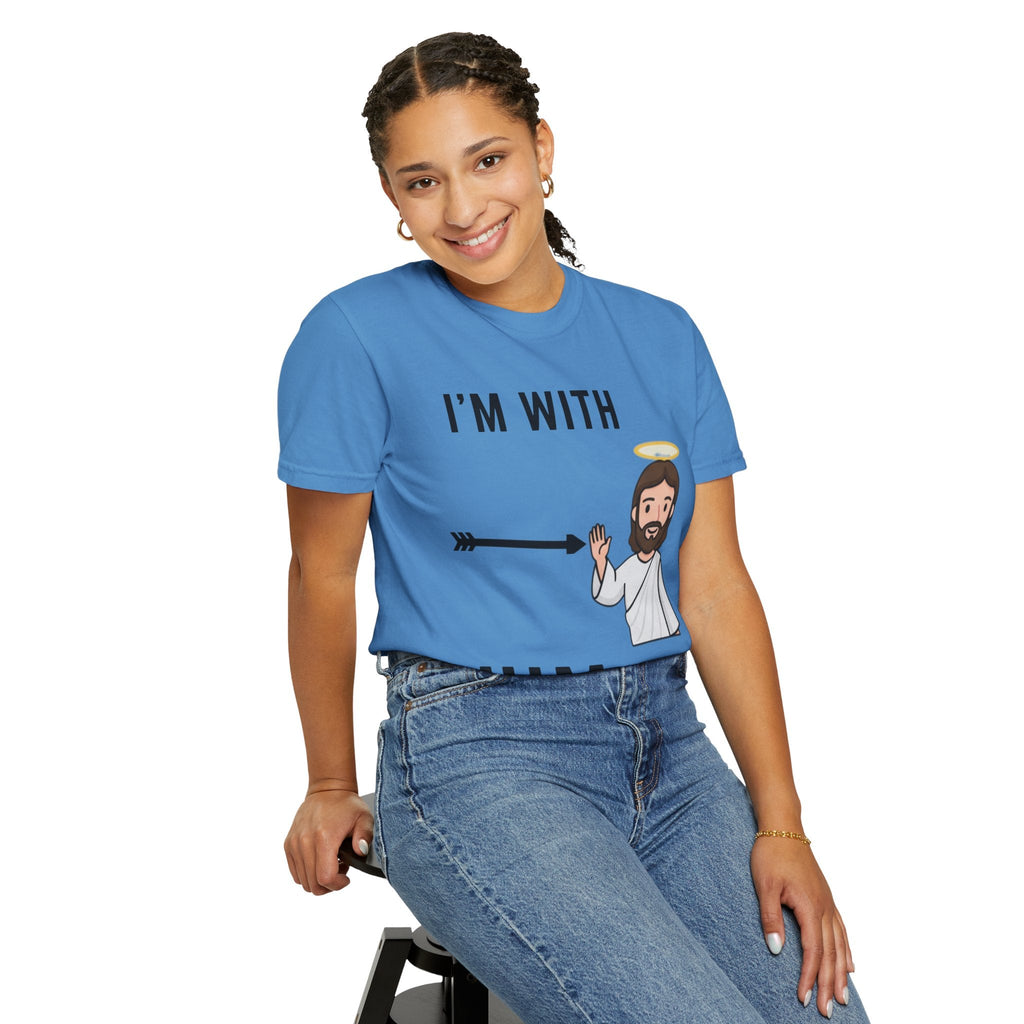 🔥 I’m With Him → Christian T-Shirt | Arrow Pointing to Jesus | Minimalist Faith Tee | Subtle Cross Design | Bible-Inspired Apparel by Uplifted Gear Printify