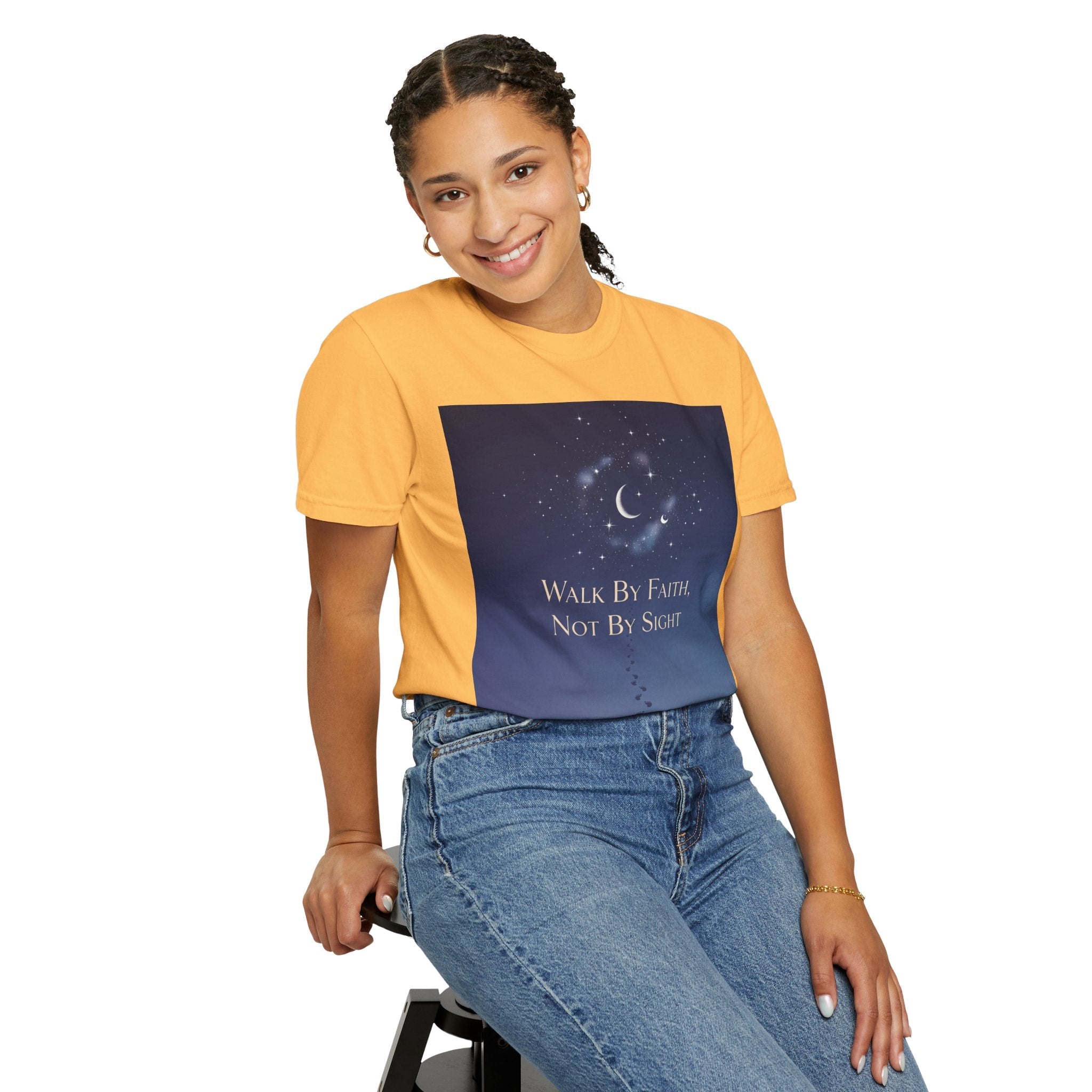 Walk by Faith, Not by Sight T-Shirt – Footprints in the Sand Christian Moonlit Tee Printify