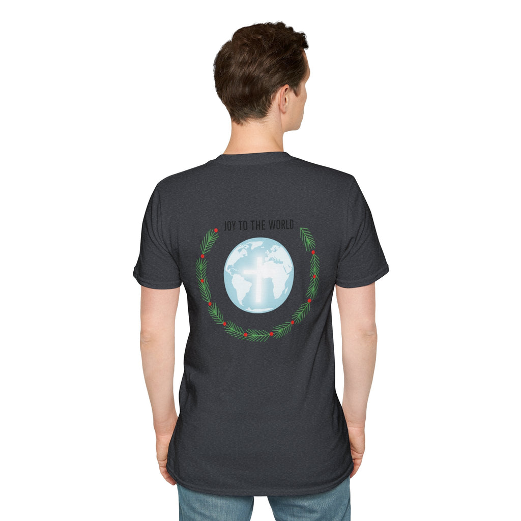 Joy to the World T-shirt – Wreath Earth Nativity Christian Christmas T-shirt for Isaiah 9:6 Holiday Faith & Festive Joy Printify