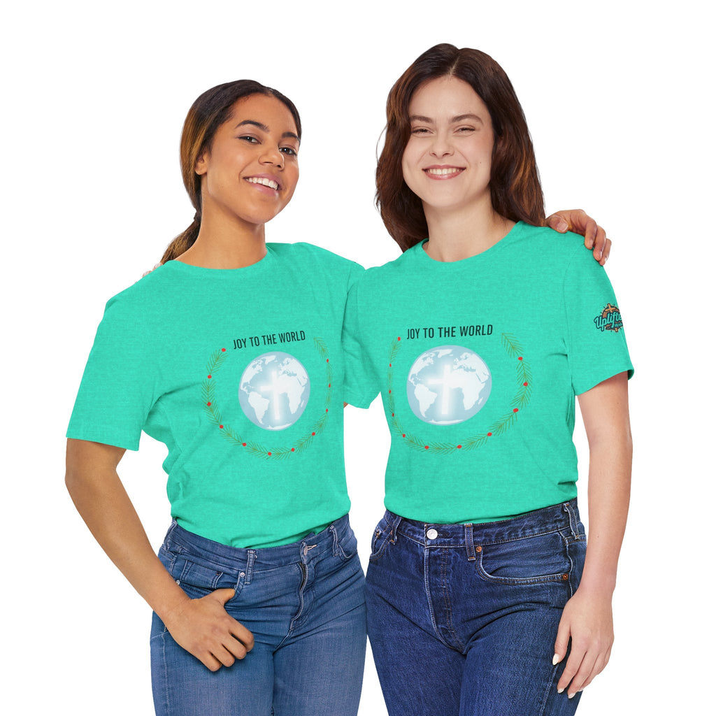 Joy to the World T-shirt – Wreath Earth Nativity Christian Christmas T-shirt for Isaiah 9:6 Holiday Faith & Festive Joy Printify