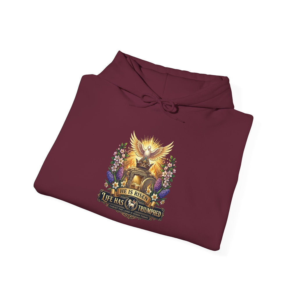 He Is Risen "Life Has Triumphed" Hoodie — Easter Resurrection Christian Hoodie Printify