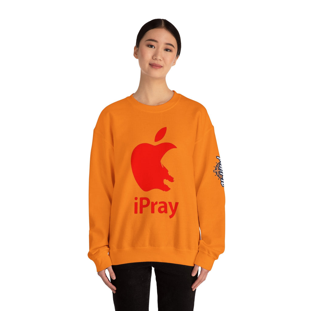 iPray Apple Logo Sweatshirt — Funny Christian Sweatshirt (Minimal Red Apple Graphic) Printify