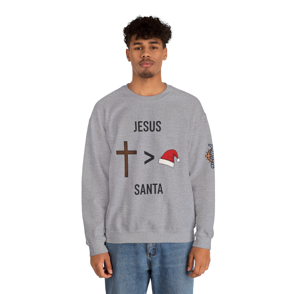 🎄 Jesus > Santa – Minimalist Christian Christmas Sweatshirt | Bold Faith Over Holiday Tee | Cross vs Santa Hat Design | Uplifted Gear Printify
