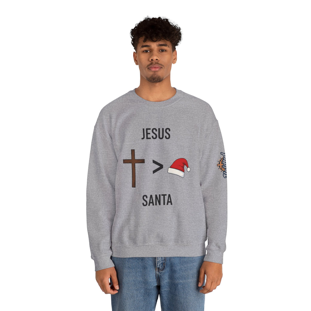 🎄 Jesus > Santa – Minimalist Christian Christmas Sweatshirt | Bold Faith Over Holiday Tee | Cross vs Santa Hat Design | Uplifted Gear Printify