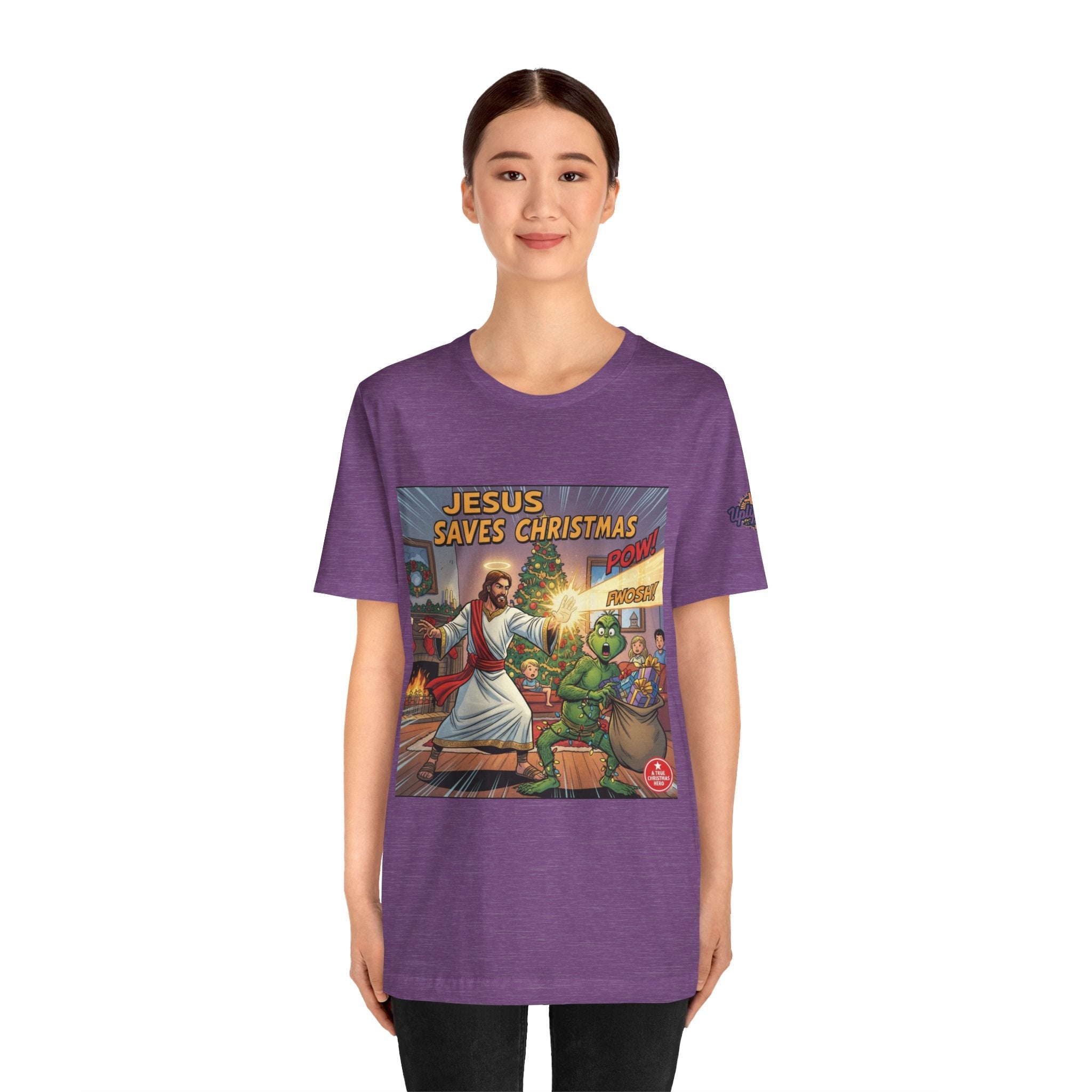 Jesus Saves Christmas T-shirt – Grinch vs Savior Light Battle Christian T-shirt for Hilarious Holiday Faith & True Joy Printify