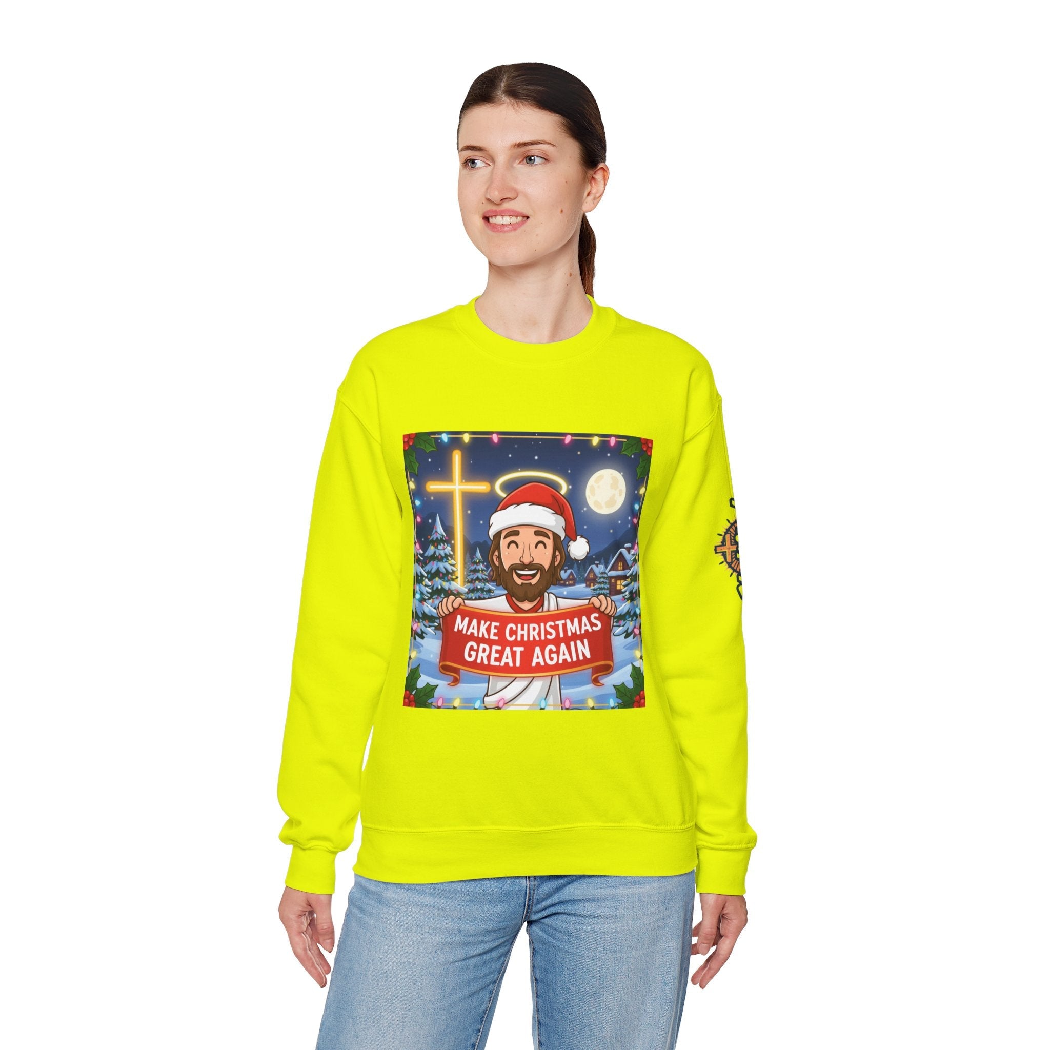 🎄 Make Christmas Great Again – Funny Christian Sweatshirt | Jesus Holding Banner | Faith-Based Holiday Parody Tee | Uplifted Gear Printify
