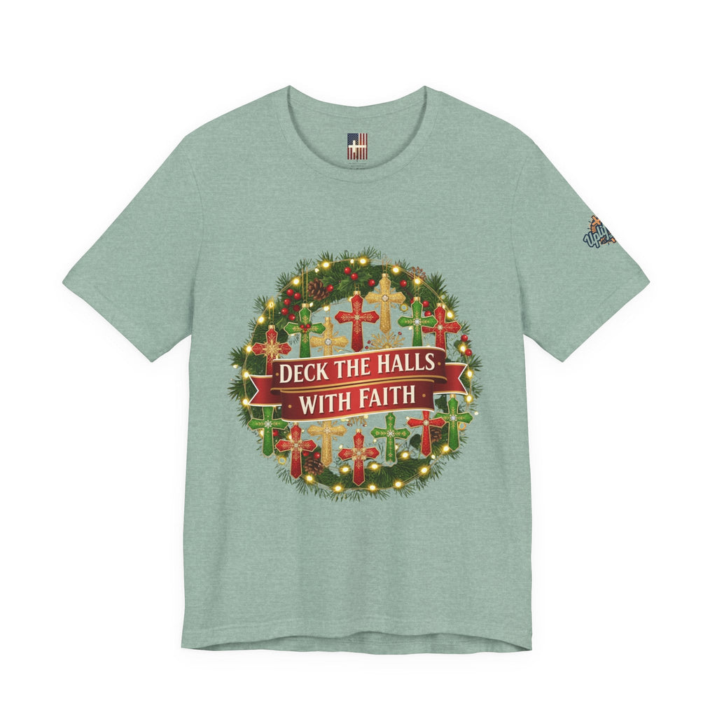 🎄 Deck the Halls with Faith – Christian Christmas T-Shirt | Cross Ornament Design & Festive Garland | Bold Holiday Faith Tee by Uplifted Gear Printify