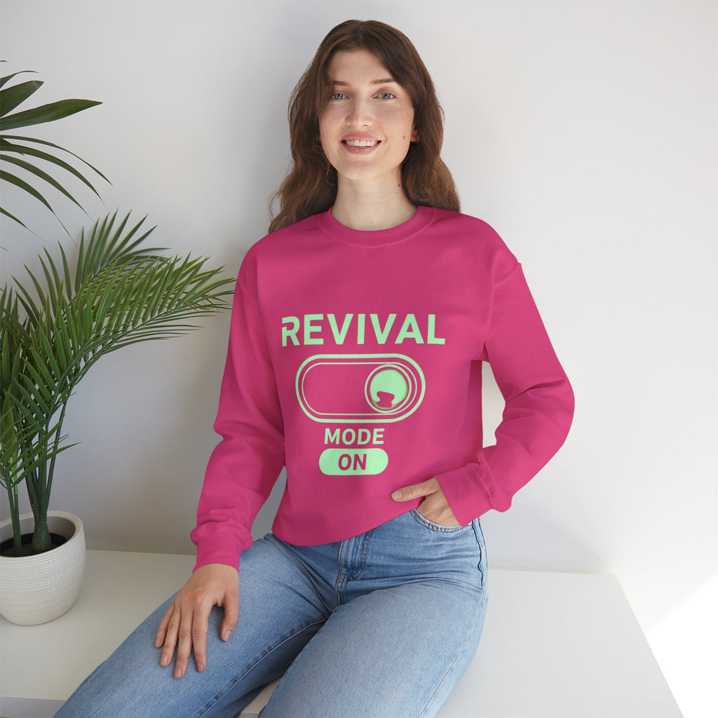 🔥 Revival Mode: ON – Christian Techwear Sweatshirt | Glowing Green Faith Switch | Futuristic Jesus Shirt | Activate Your Spiritual Awakening | Uplifted Gear Printify
