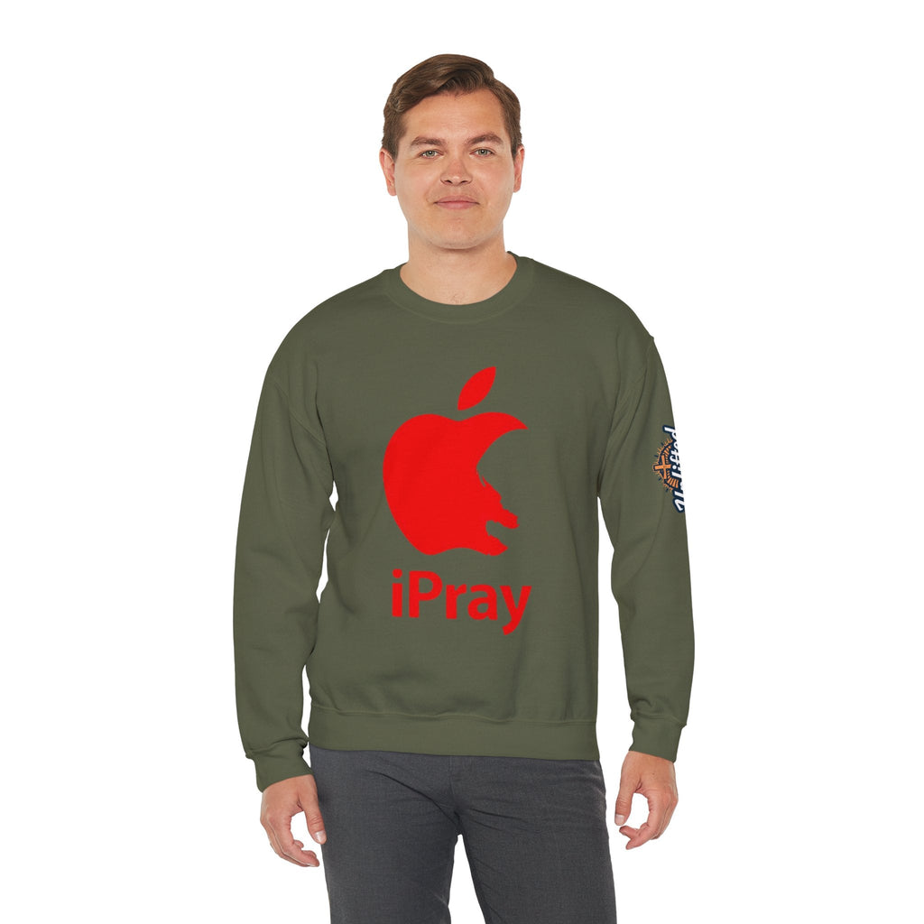 iPray Apple Logo Sweatshirt — Funny Christian Sweatshirt (Minimal Red Apple Graphic) Printify