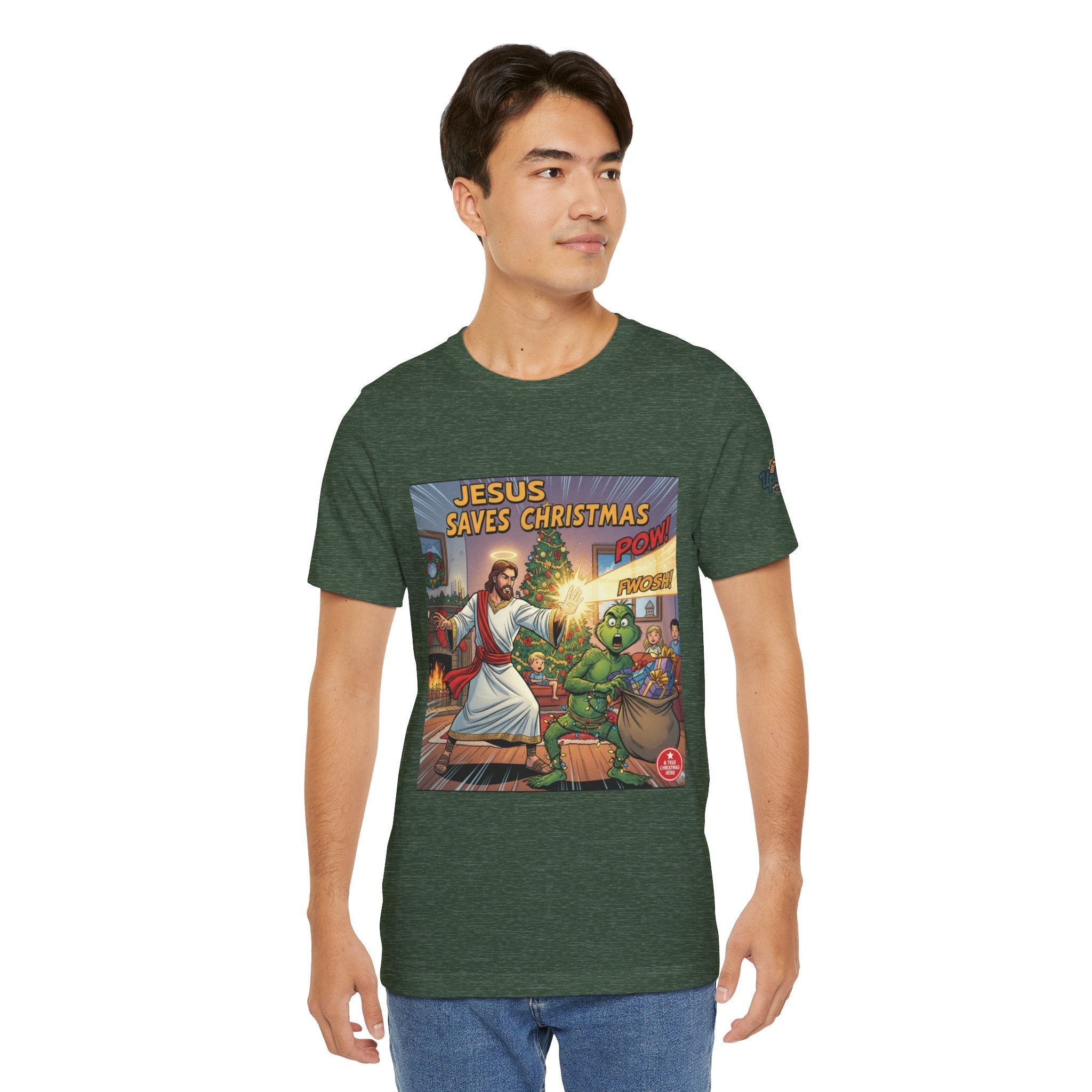 Jesus Saves Christmas T-shirt – Grinch vs Savior Light Battle Christian T-shirt for Hilarious Holiday Faith & True Joy Printify