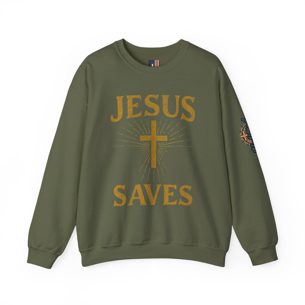 Jesus Saves Sweatshirt – Radiant Cross & Rays of Light Christian Sweatshirt for Eternal Hope & Faith Printify