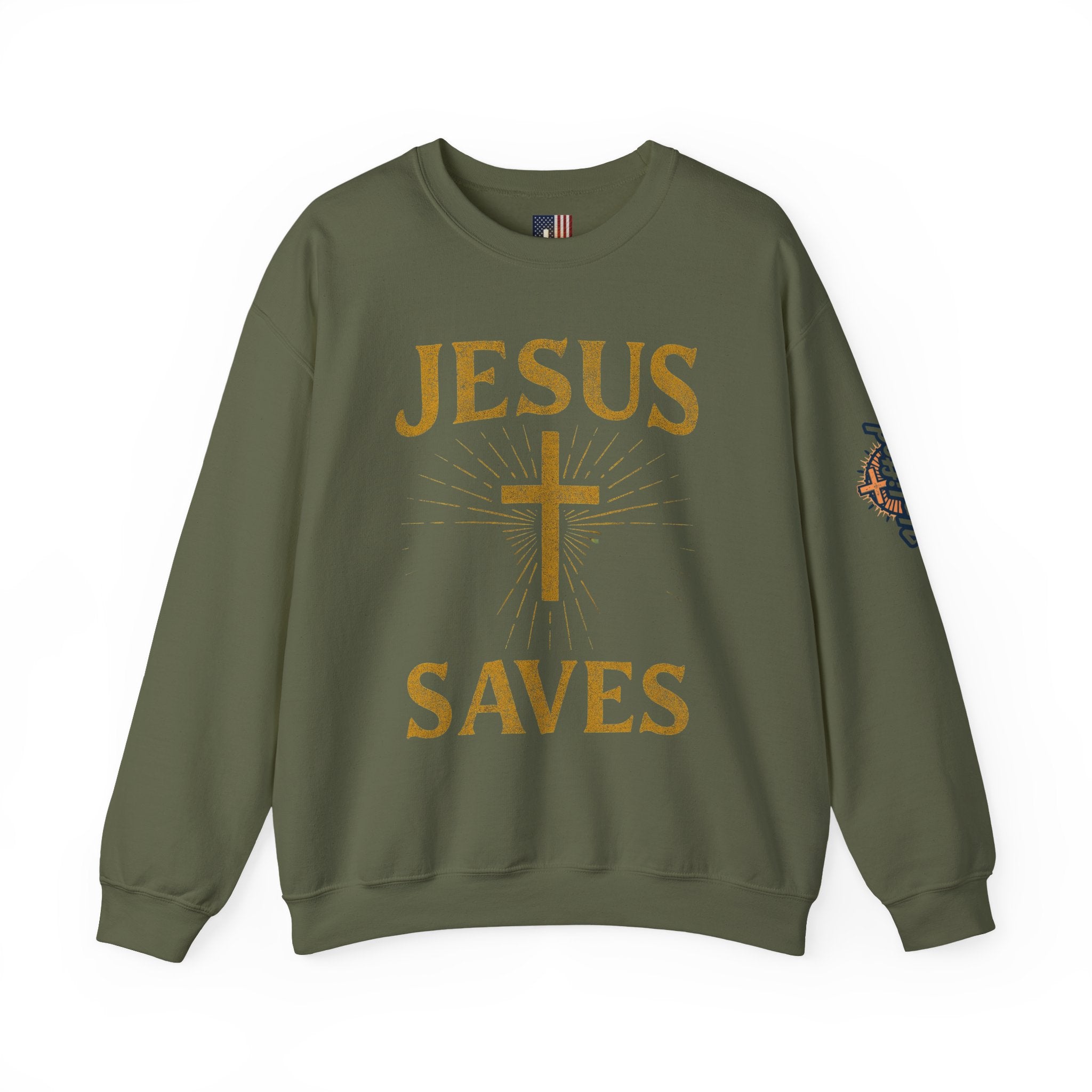 Jesus Saves Sweatshirt – Radiant Cross & Rays of Light Christian Sweatshirt for Eternal Hope & Faith Printify