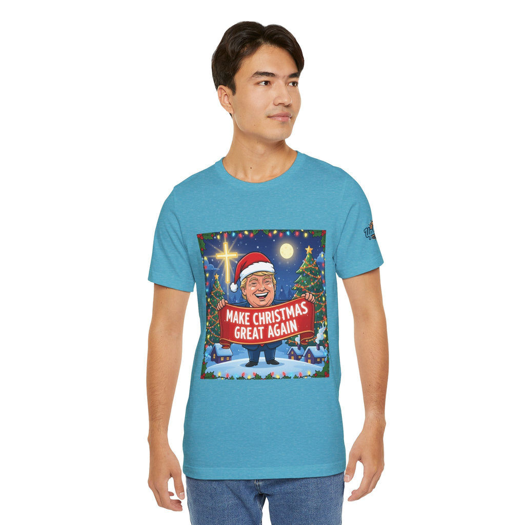 🎄 Make Christmas Great Again – Patriotic Christian Christmas T-Shirt | Bold Holiday Faith Tee | Red & White Banner Design | Uplifted Gear Printify