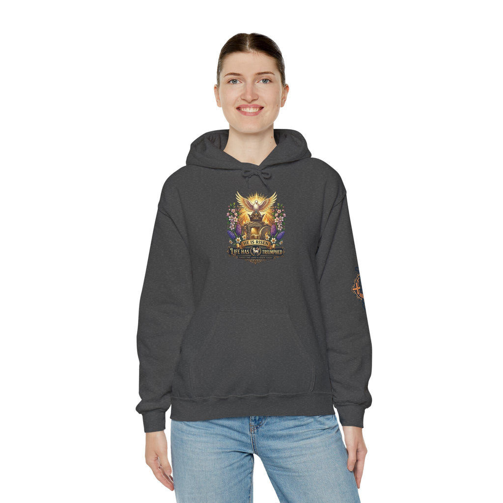 He Is Risen "Life Has Triumphed" Hoodie — Easter Resurrection Christian Hoodie Printify