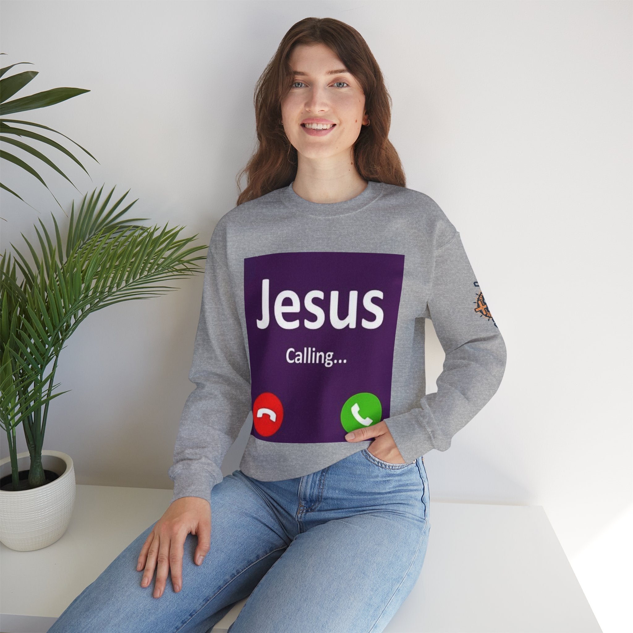 Jesus Calling Sweatshirt – Funny Cell Phone Screen Christian Sweatshirt for Divine Connection & Faith Humor Printify