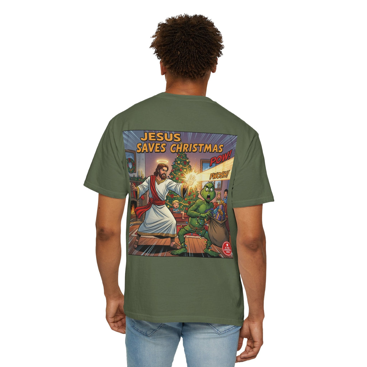 Jesus Saves Christmas T-shirt – Grinch vs Savior Light Battle Christian T-shirt for Hilarious Holiday Faith & True Joy Printify