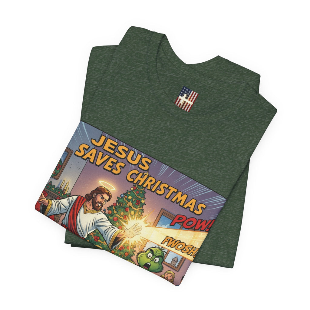 Jesus Saves Christmas T-shirt – Grinch vs Savior Light Battle Christian T-shirt for Hilarious Holiday Faith & True Joy Printify