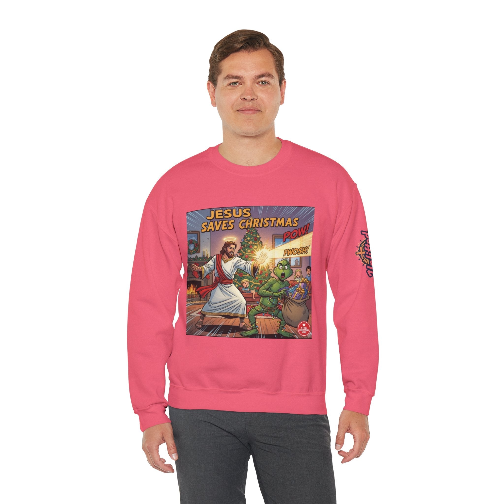 Jesus Saves Christmas Sweatshirt – Grinch vs Savior Light Battle Christian Sweatshirt for Hilarious Holiday Faith & True Joy Printify