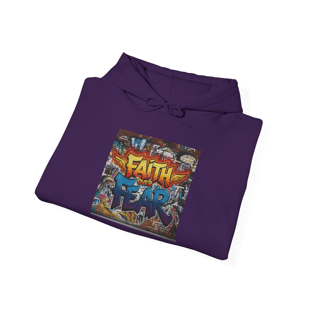 Faith Over Fear Hoodie – Graffiti Wall Christian Sweatshirt for Bold 2 Corinthians 5:7 Streetwear & Unshakable Faith Printify