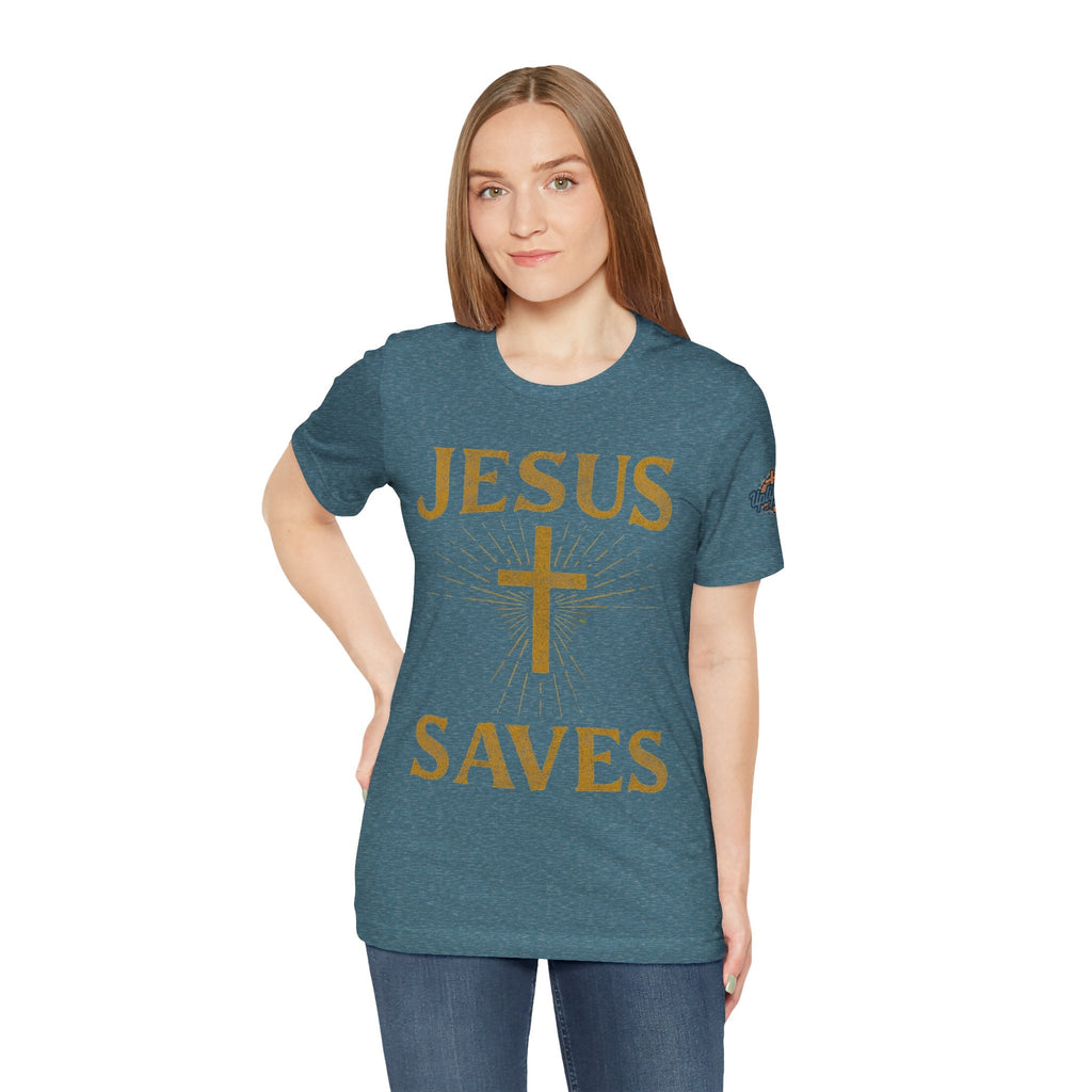 Jesus Saves T-shirt – Radiant Cross & Rays of Light Christian T-shirt for Eternal Hope & Faith Printify