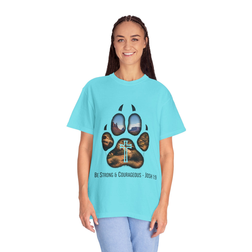 Strong and Courageous T-Shirt – Canine Pawprint Desert Joshua 1:9 Christian Tee Printify