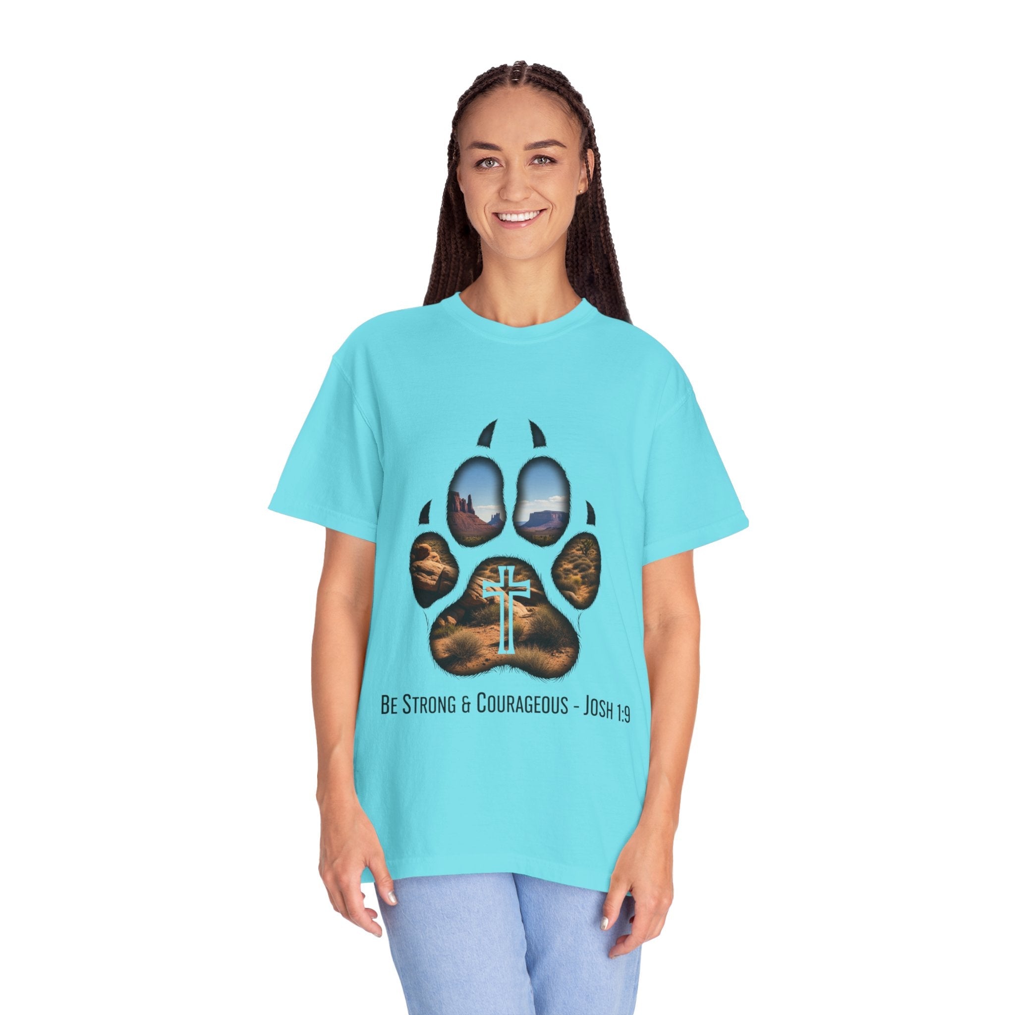 Strong and Courageous T-Shirt – Canine Pawprint Desert Joshua 1:9 Christian Tee Printify