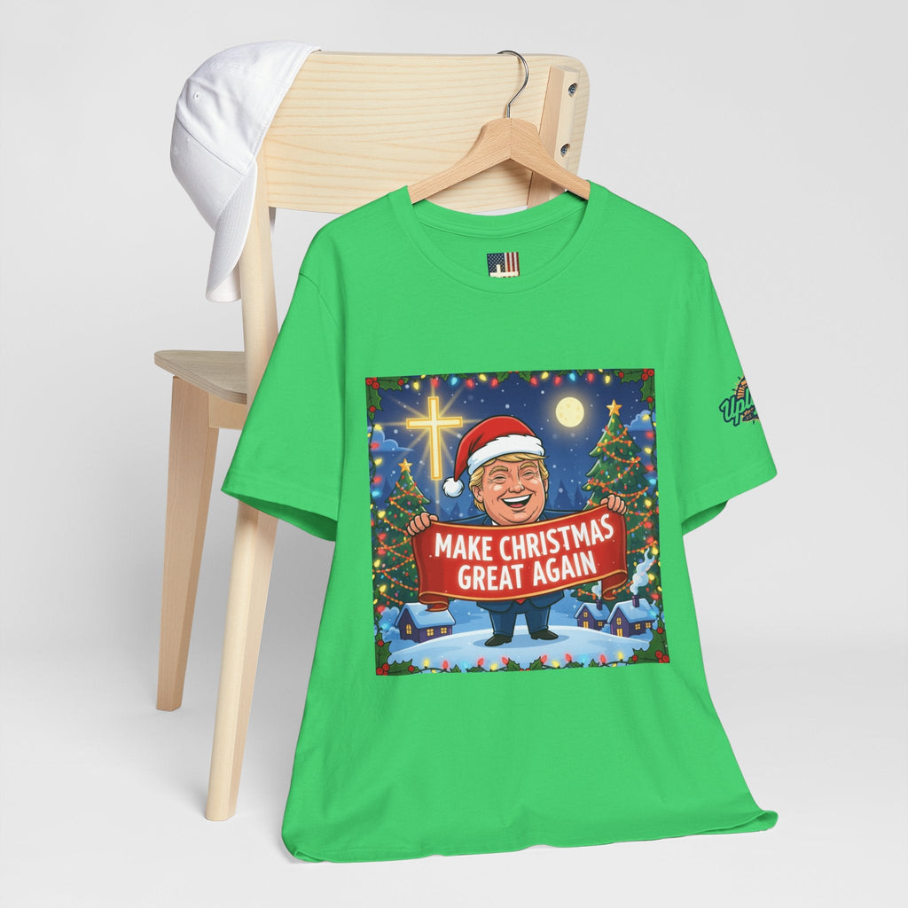 🎄 Make Christmas Great Again – Patriotic Christian Christmas T-Shirt | Bold Holiday Faith Tee | Red & White Banner Design | Uplifted Gear Printify