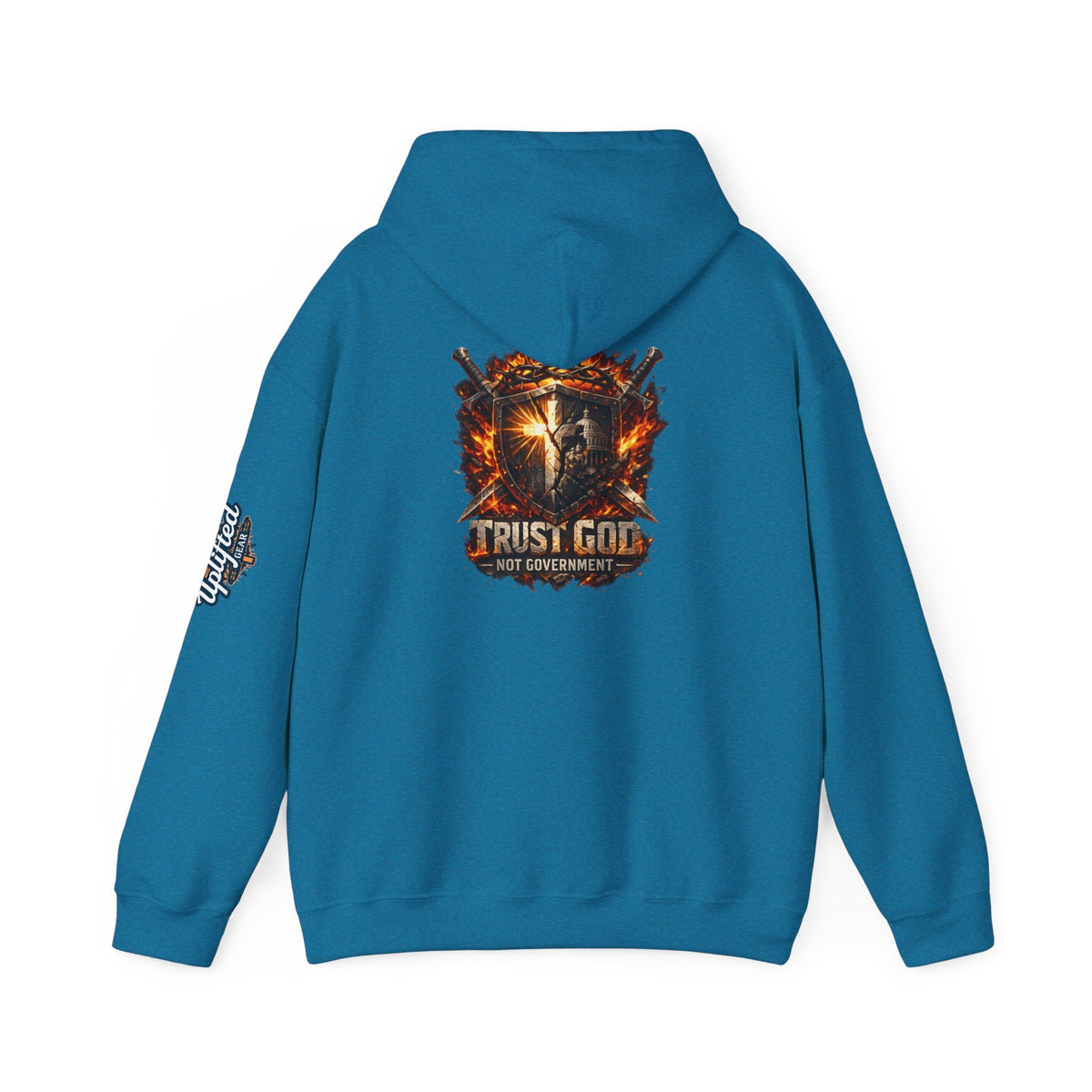 Trust God Not Government Shield Hoodie — Patriotic Christian Faith Hoodie Printify