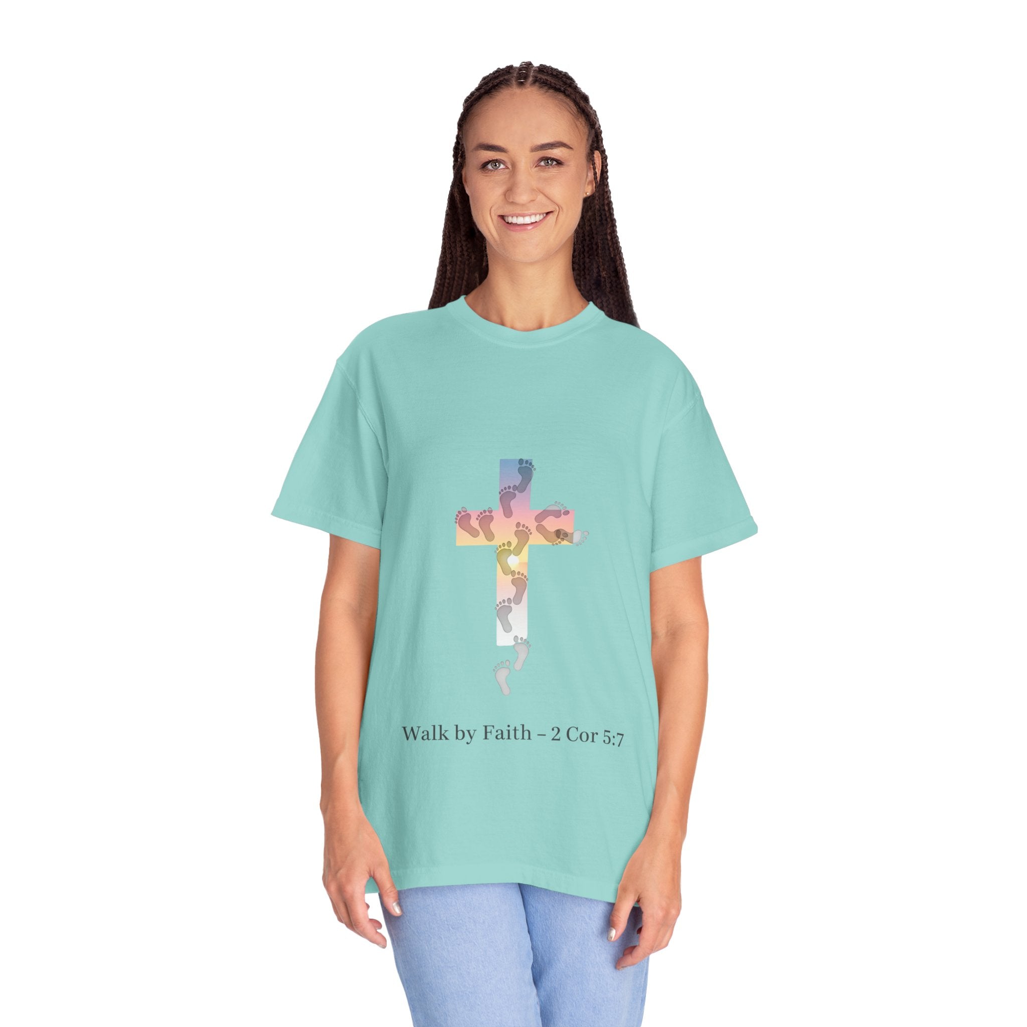 Walk by Faith T-Shirt – Cross & Footprints Christian Tee for Bold Believers Printify