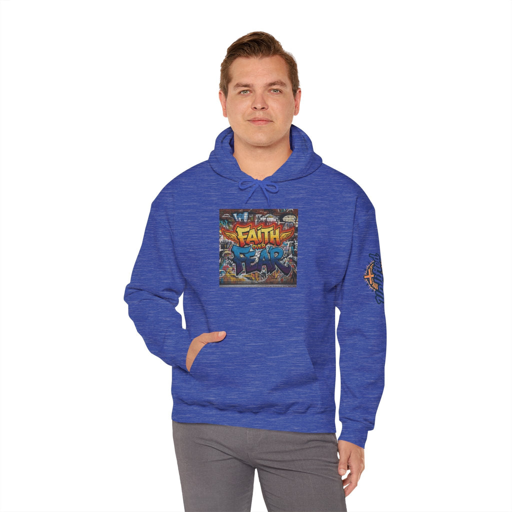 Faith Over Fear Hoodie – Graffiti Wall Christian Sweatshirt for Bold 2 Corinthians 5:7 Streetwear & Unshakable Faith Printify