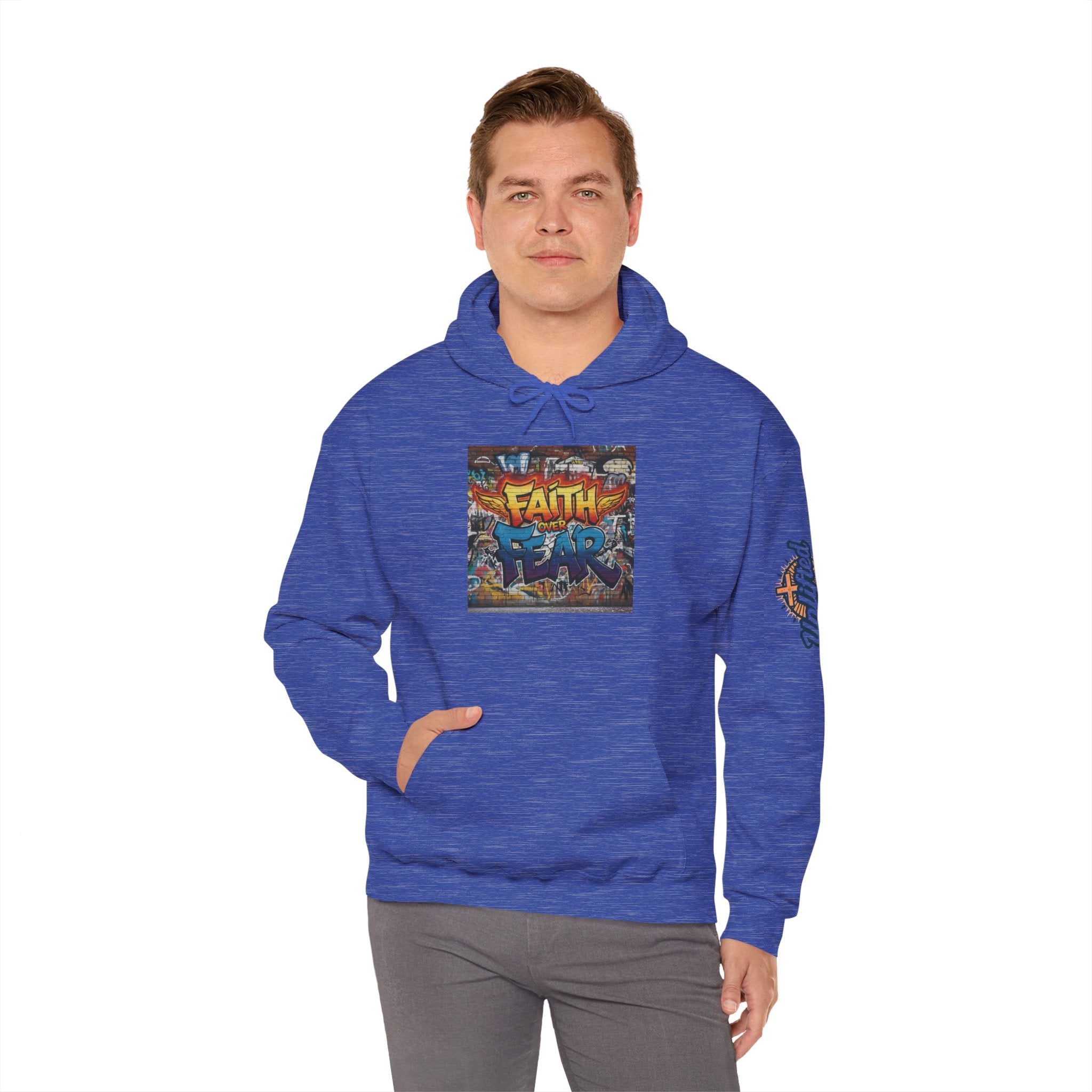 Faith Over Fear Hoodie – Graffiti Wall Christian Sweatshirt for Bold 2 Corinthians 5:7 Streetwear & Unshakable Faith Printify