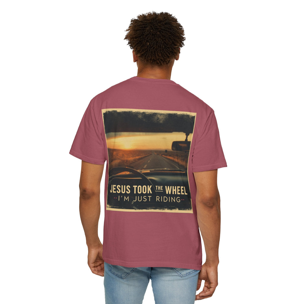 Jesus Took the Wheel I'm Just Riding T-shirt – Funny Christian Convertible Car T-shirt for Surrendered Faith & Humor Printify